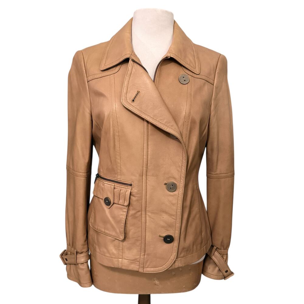 VTG Worth Tan Genuine Leather Jacket Women’s Size 10 Double Breasted Zip Pocket